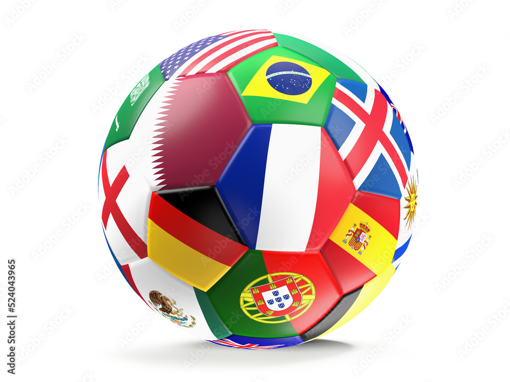 Obraz premium soccer football ball with national flags focus on the flag of Qatar, 3d-illustration