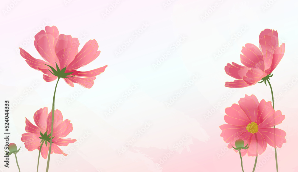 Delicate red clematis flowers on a beige background with a golden frame and a watercolor texture. Summer spring vector illustration background. Elegant floral vector design suitable for banner, cover Delicate red clematis flowers on a beige background with a golden frame and a watercolor texture. Summer spring vector illustration background. Elegant floral vector design suitable for banner, cover