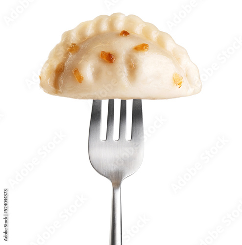Obraz na plátně Dumpling with fried onions impaled on a fork  isolated on white background