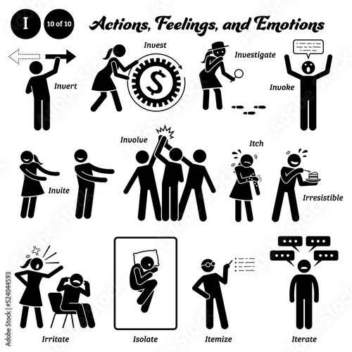 Stick figure human people man action, feelings, and emotions icons alphabet I. Invert, invest, investigate, invoke, invite, involve, itch, irresistible, irritate, isolate, itemize, and iterate.