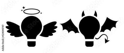 Devil and angel light bulb silhouett vector icon. Good and bad worst idea choice concept vector illustration for innovation and creativity think and problem solving. photo