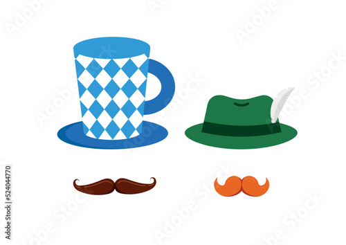 Oktoberfest hat with feather and mustache icon set isolated on white background. German green and with bavarian pattern costume. Flat design cartoon style october fest head dress vector illustration.