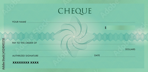 Green Cheque for Chequebook template. Linear Guilloche pattern with abstract watermark. Elegant background for banknote, money check, currency, bank note, Voucher, Gift certificate. Vector design.