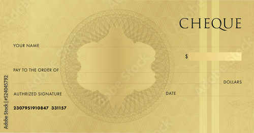 Golden Check template for Chequebook. Blank gold business bank cheque with guilloche pattern rosette and abstract watermark. Background for voucher, gift certificate, ticket, coupon. Vector design.