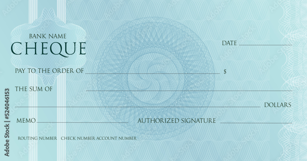 Money Check template, Chequebook paper. Blank blue business bank cheque with guilloche pattern rosette and abstract watermark. Vector Background for voucher, banknote design, gift certificate, ticket. - obrazy, fototapety, plakaty 