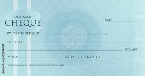 Money Check template, Chequebook paper. Blank blue business bank cheque with guilloche pattern rosette and abstract watermark. Vector Background for voucher, banknote design, gift certificate, ticket. photo