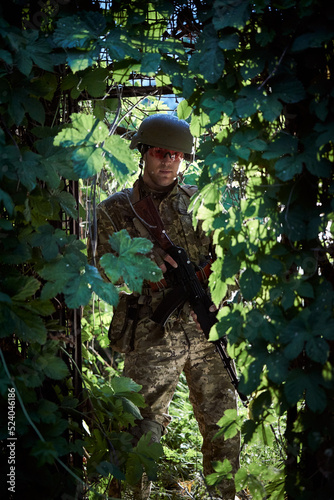 Soldier of the Ukrainian army in military uniforms in the forest