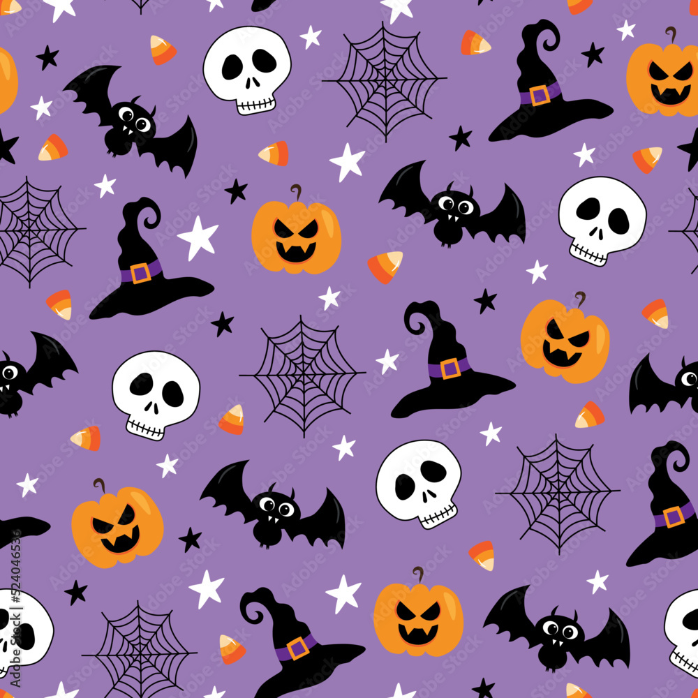 Cartoon Halloween seamless pattern. Skull, bat, pumpkin, witch hat. spider web, candy corn on purple background. Cartoon Halloween seamless pattern. Skull, bat, pumpkin, witch hat. spider web, candy corn on purple background.