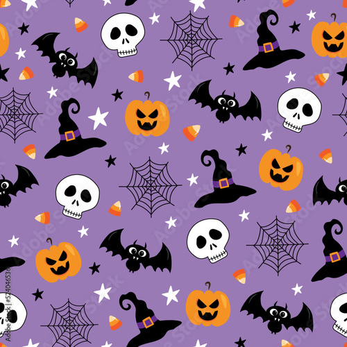 Cartoon Halloween seamless pattern. Skull, bat, pumpkin, witch hat. spider web, candy corn on purple background.