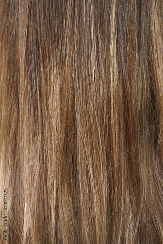 Hair coloring women close up texture background. Bunch of shiny straight blond hair in a wavy curved style. Copy space.