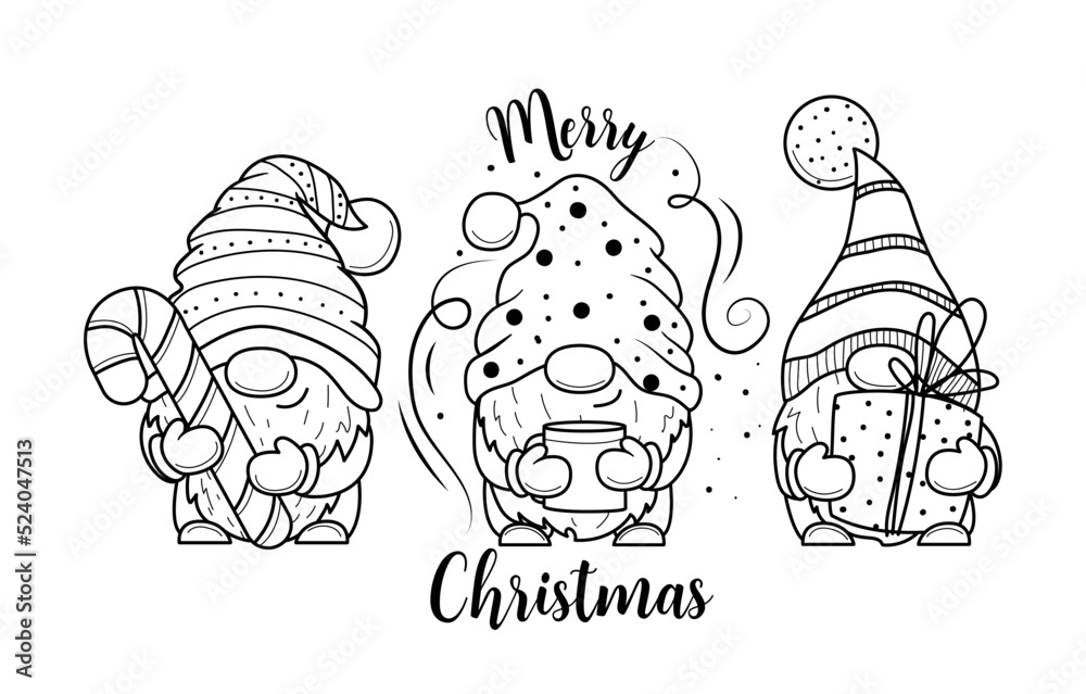 Cute cartoon Christmas gnomes with box of gift for coloring book