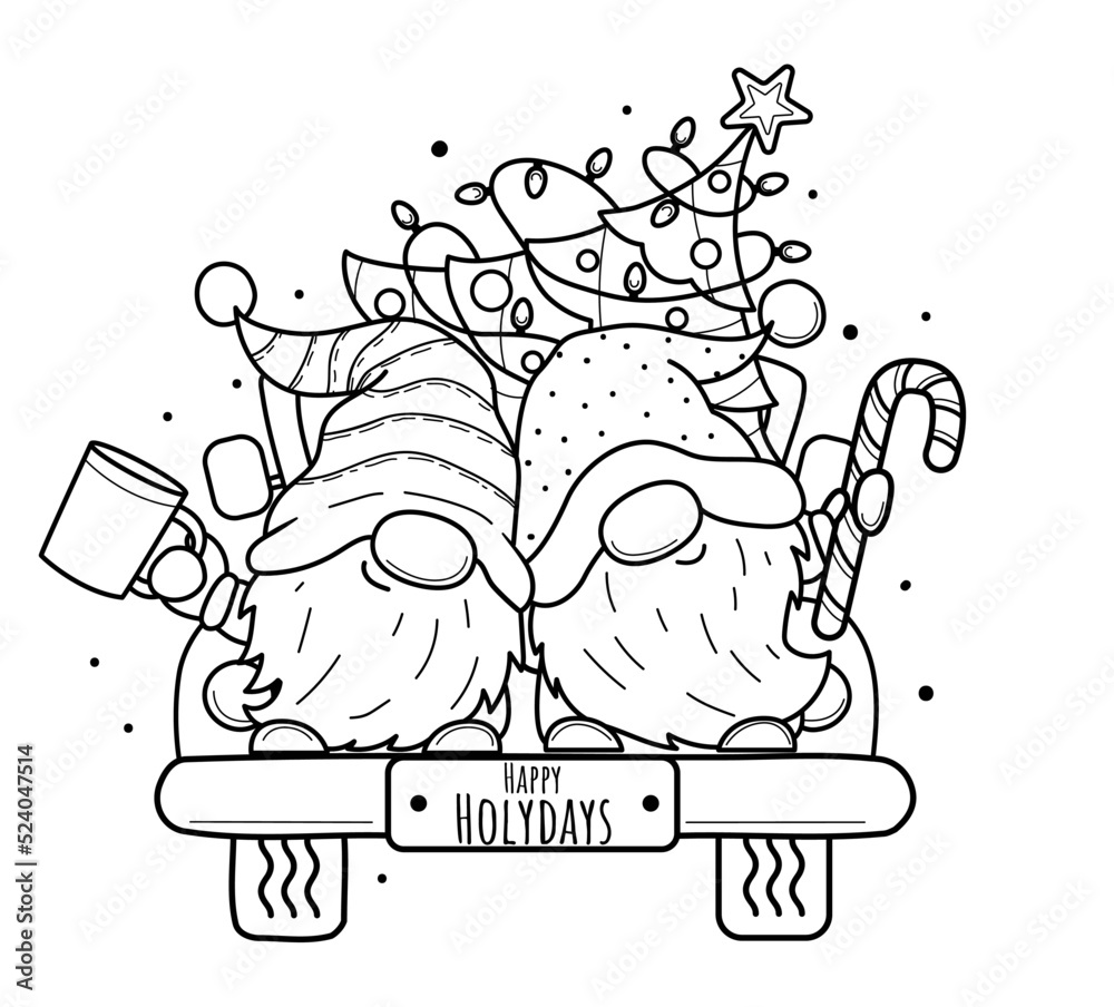 Cute cartoon Christmas gnomes on truck for coloring book.Line art