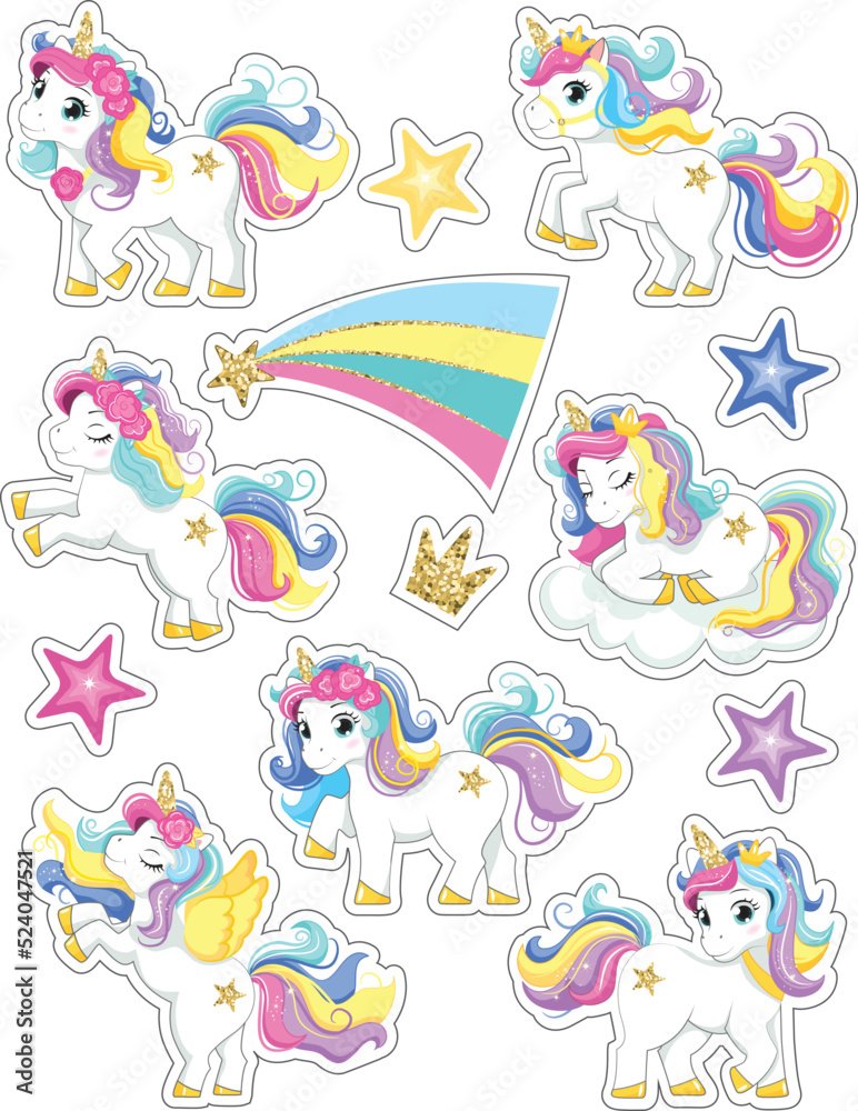 Set of cute unicorn stickers. Vector illustration. Sticker design.Cartoon style.