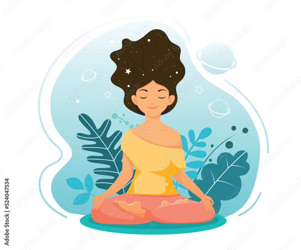 Woman meditates in nature alone.Meditation concept. Vector illustration.Flat style.