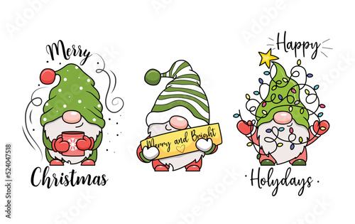 Adorable cartoon Christmas gnomes with christmas lights. Vector illustration. Isolated on white background