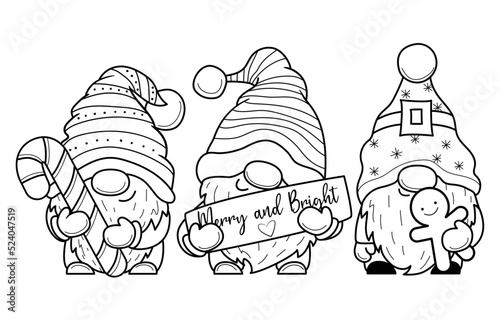 Cute cartoon Christmas gnome with gifts for coloring book.Line art design for kids coloring page. Coloring page outline.