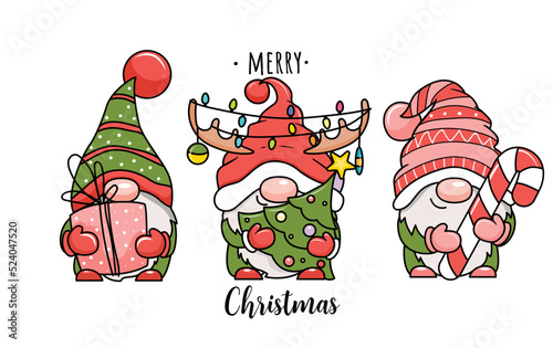 Adorable cartoon Christmas gnomes with Christmas tree. Vector illustration. Isolated on white background