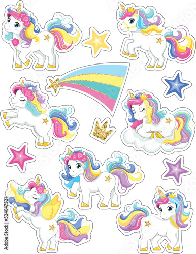 Set of cute unicorn stickers. Vector illustration. Sticker design.Cartoon style.