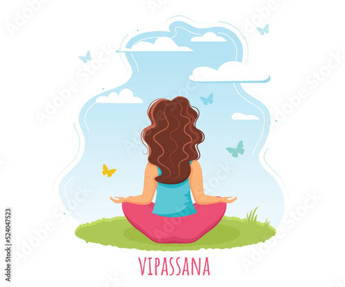 Woman meditates in nature alone. Vipassana concept. Vector illustration.Flat style.