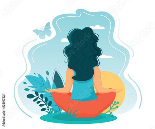 Woman meditates in nature alone. Vipassana concept. Vector illustration.Flat style.