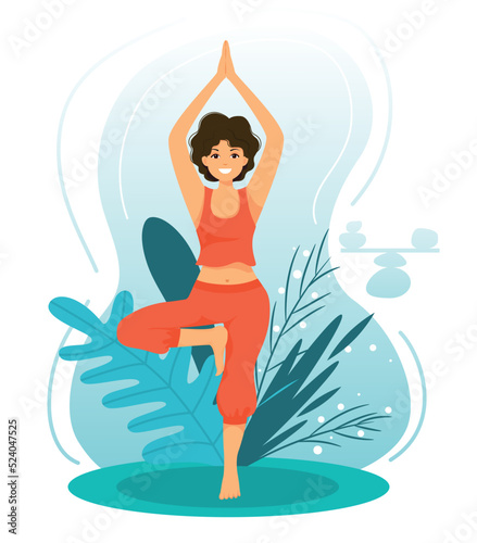 Woman in yoga tree pose.Life balance concept. Vector illustration.Flat style.
