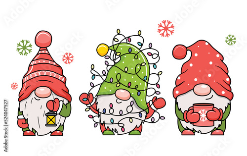 Adorable cartoon Christmas gnomes with gifts. Vector illustration. Isolated on white background