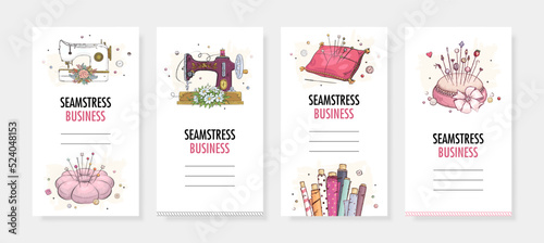 Hand drawn design seamstress social media stories. Vector illustration of sewing machine, pin cushion and buttons