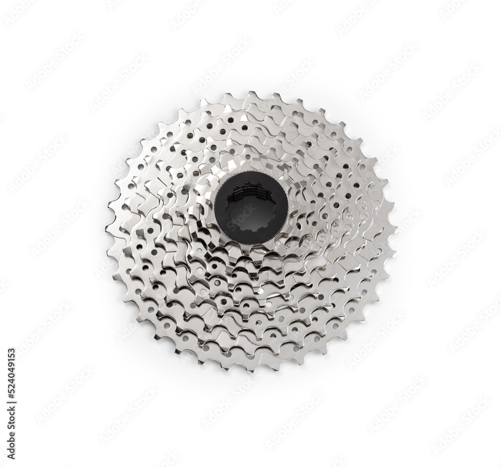 Front view of bicycle metal freewheel or cassete, with 11 to 36 teeth, isolated on white Front view of bicycle metal freewheel or cassete, with 11 to 36 teeth, isolated on white