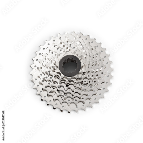 Front view of bicycle metal freewheel or cassete, with 11 to 34 teeth, isolated on white