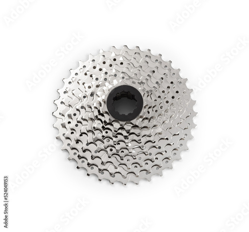 Front view of bicycle metal freewheel or cassete, with 11 to 36 teeth, isolated on white
