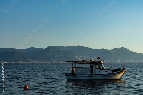 A buoy or float and a fishing boat standing  with two seagulls in the sea on the Mavişehir coast. Side view of a boat in the bay with city of İzmir on the background.  photo