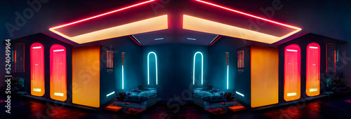 Exterior of a modern house. Dark room interior, colorful neon, interior lighting in a modern style, game zone. Abstract neon background. 3D illustration.