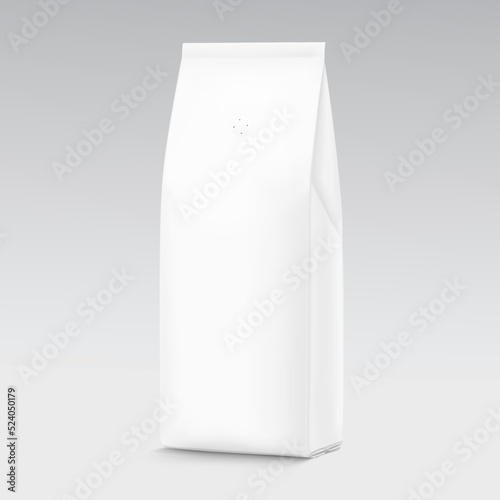 Coffee packaging bag mockup with degassing valve. One way air valve. Vector illustration isolated on white background. Perfect for promotion your product. EPS10.	