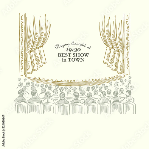 Theater Stage and Audience Idea for Leaflet, Banner or Poster in Vintage Style. Show Program or Web Promotion Vector.