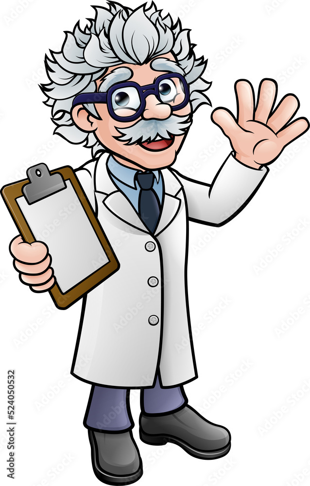 A cartoon scientist professor wearing lab white coat waving and holding a clipboard A cartoon scientist professor wearing lab white coat waving and holding a clipboard