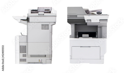 Photocopier, network printer is office worker tool equipment scanning and copy paper xerox photocopy. Office Printing Appliances.Jet Printer with Copier, Fax and Scanner.  photo