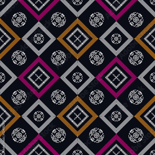 Beautiful hmong seamless pattern.navy blue and white background. Aztec style, embroidery,vector,illustration.texture,fabric,clothing,wrapping,decorations and carpet.Geometric ethnic oriental pattern. photo