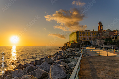 View of Genoa Nervi pier at sunset in Genoa, Italy