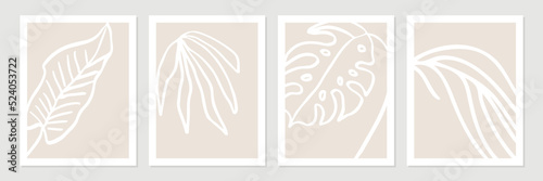 Set of abstract tropical organic shapes, leaves, lines and textures in white on neutral nude and beige background.