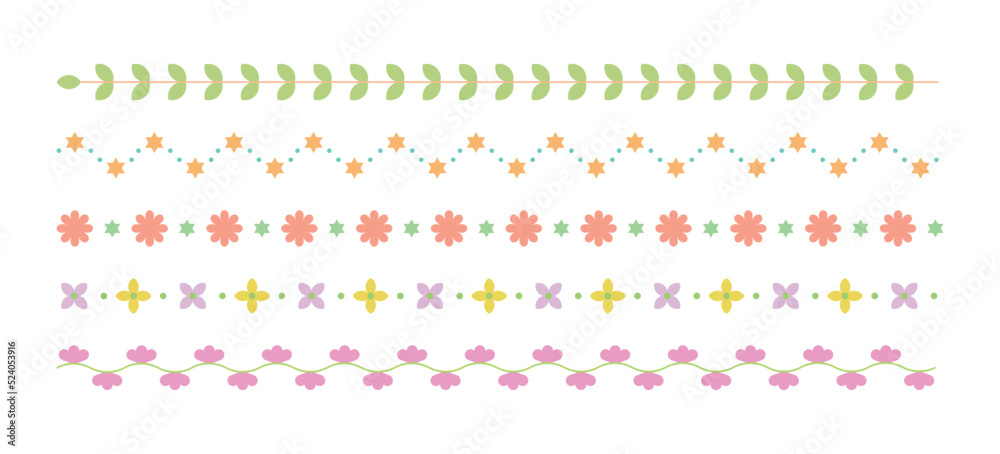 Set of colorful and cute floral border line illustrations.