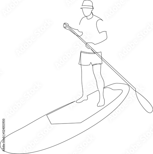 Continuous line man standing on paddle board. Vector illustration.