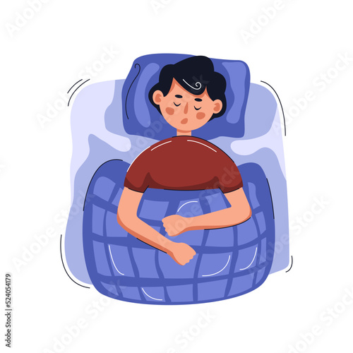 Boy sleeping in the bed. Sleep apnea, snoring, health sleep concept. Vector flat illustration.