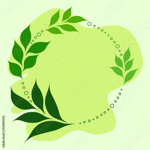 Round minimalist frame made of leaves and circles. Green vector freehand drawing of plants. Watercolor style. Neutral design for poster, postcard, text.