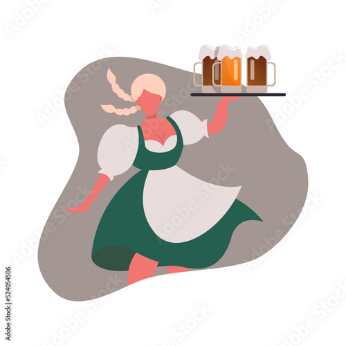 Person and Waiters Drink Beer Oktoberfest Party Celebration Woman Wearing Traditional Clothes dance, musicians, play. Fest Concept Flat Vector Illustration.