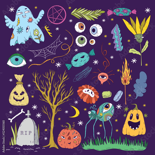 Halloween vector large set of hand-drawn illustrations. Witches, zombies, candy, pumpkins