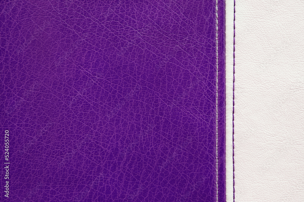Fototapeta premium Natural, artificial purple and white leather texture background with vertical decorative seam. Material for sport items, clothes, furnitre and interior design. ecological friendly leatherette.