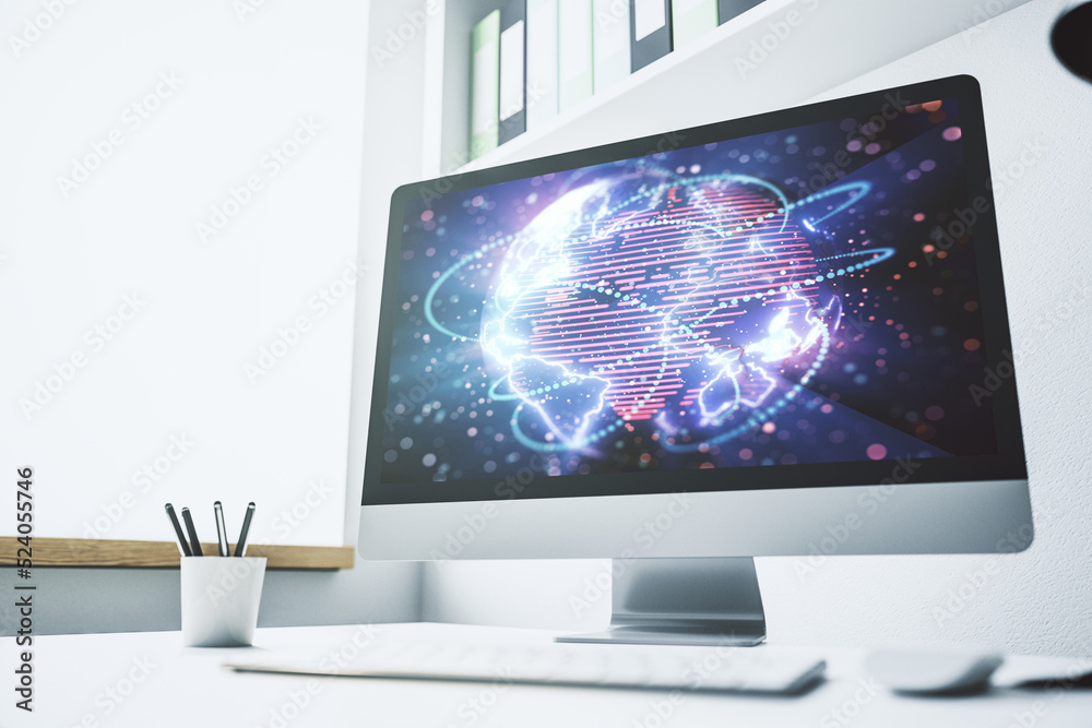 Abstract digital world map with connections on modern computer monitor, big data and blockchain concept. 3D Rendering Abstract digital world map with connections on modern computer monitor, big data and blockchain concept. 3D Rendering