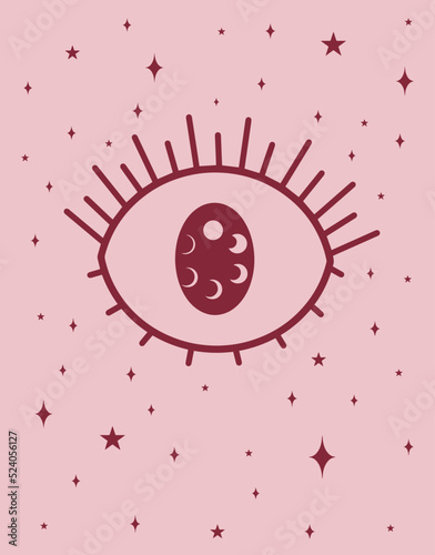 Magical pink illustration. Eyes with moon on the light pink background. Vector art