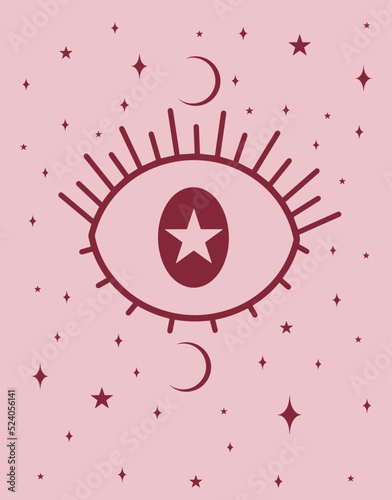 Magical pink illustration. Eyes with moon on the light pink background. Vector art