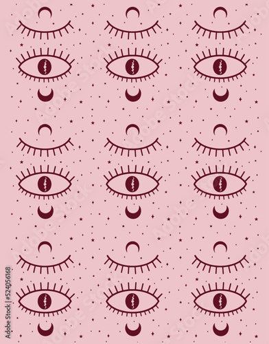 Magical pink illustration. Eyes with moon on the light pink background. Vector art